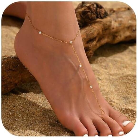 Anklets for Women Waterproof 18K Gold Plated Pearl Beaded Heart Diamond Ankle - Picture 1 of 6